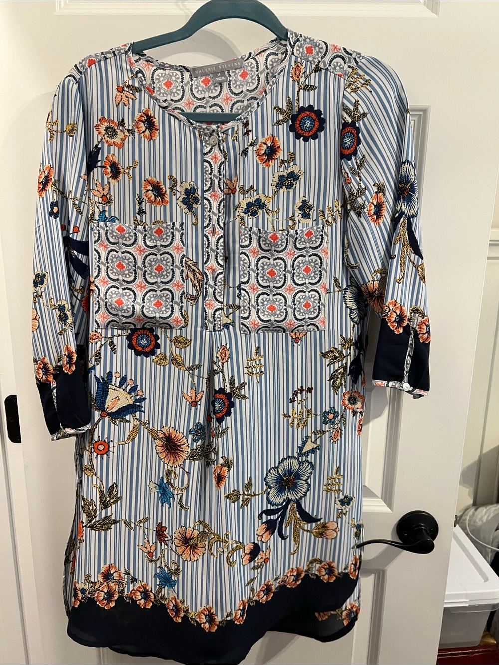 Valerie Stevens Blue and Navy Striped Floral Tunic Blouse